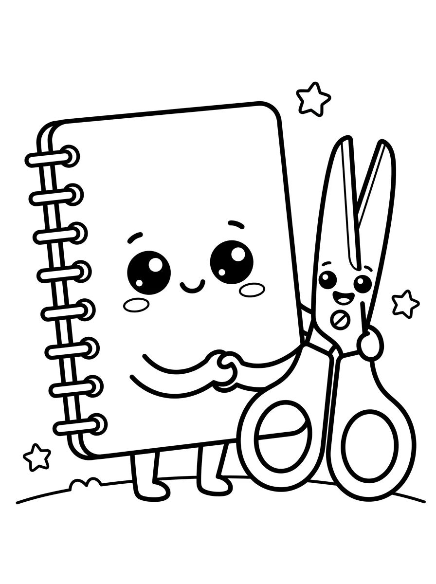 Caderno Fofo e Tesoura Escolar para colorir Desenho de Caderno Fofo e Tesoura Escolar para colorir e imprimir grátis