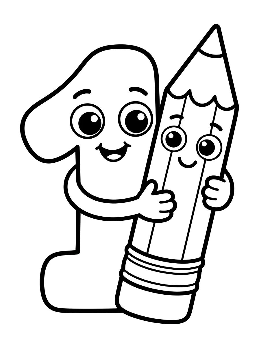 Número 1 Fofinho com Lápis para colorir Desenho de Número 1 Fofinho com Lápis para colorir e imprimir grátis