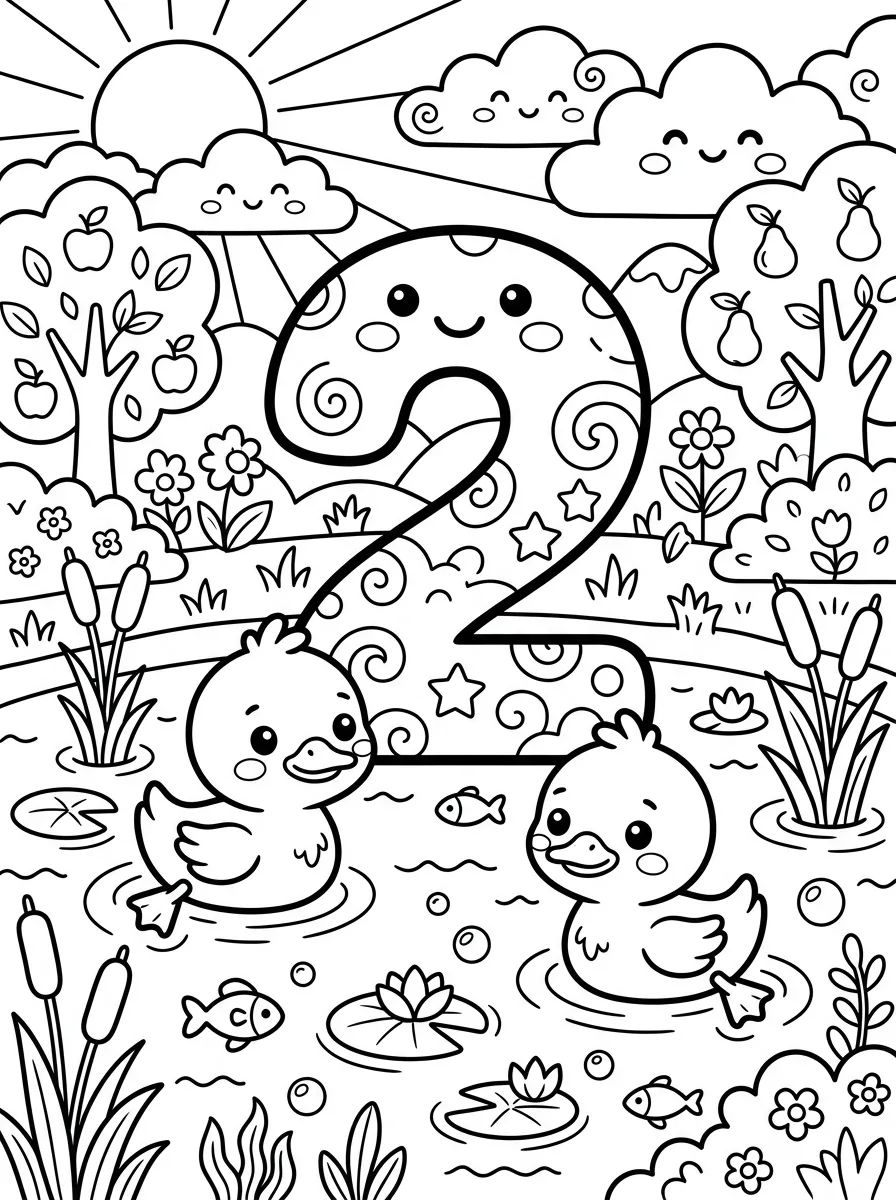 Número 2 com Patinhos Fofos para colorir Desenho de Número 2 com Patinhos Fofos para colorir e imprimir grátis