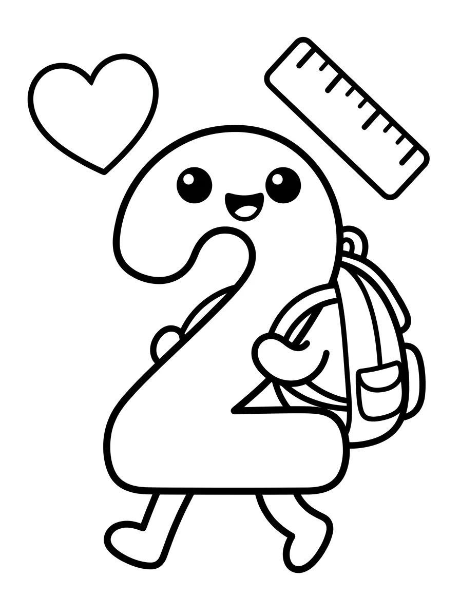 Número 2 Divertido com Mochilinha para colorir Desenho de Número 2 Divertido com Mochilinha para colorir e imprimir grátis