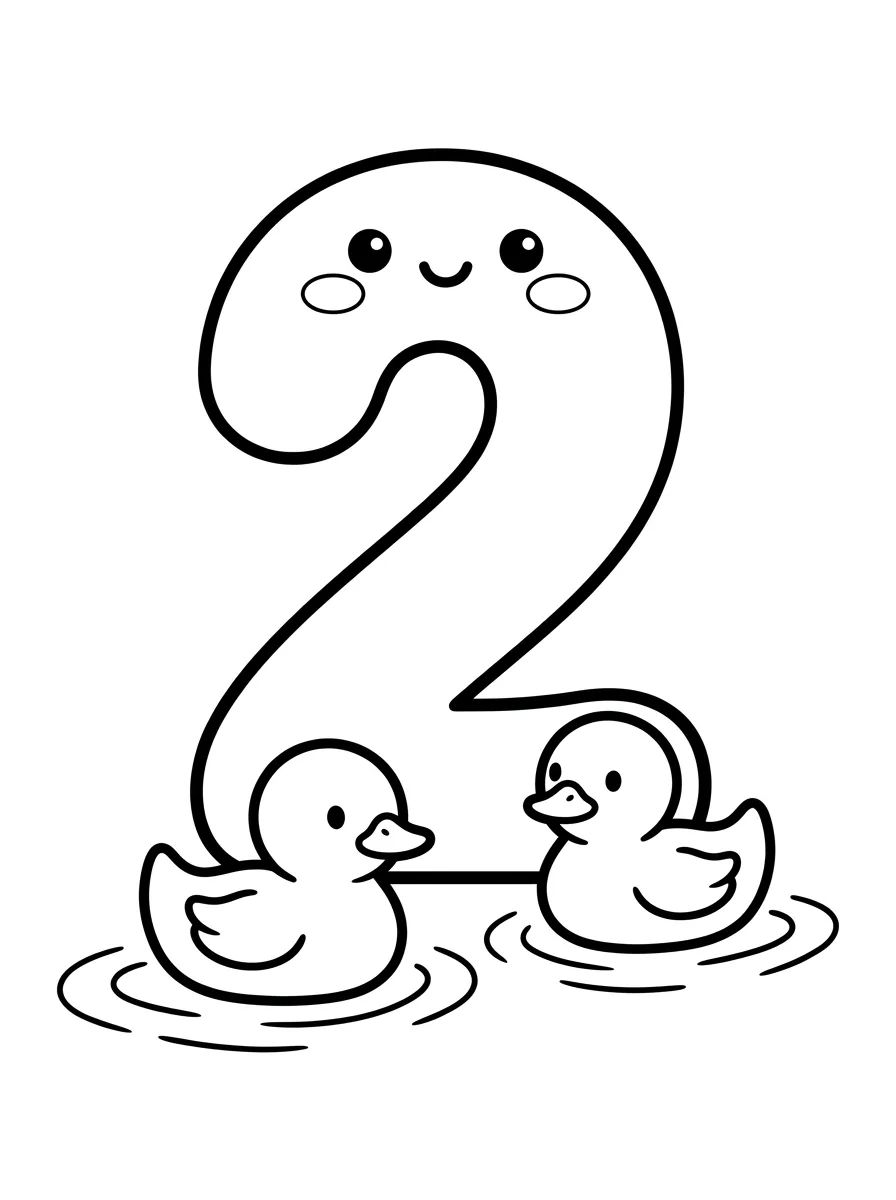 Número 2 Kawaii com Dois Patinhos para colorir Desenho de Número 2 Kawaii com Dois Patinhos para colorir e imprimir grátis