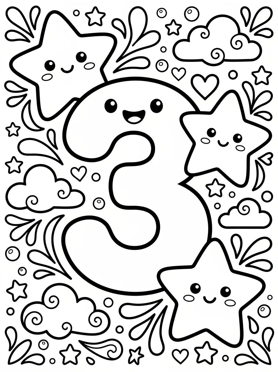 Número 3 com Estrelas Sorridentes para colorir Desenho de Número 3 com Estrelas Sorridentes para colorir e imprimir grátis