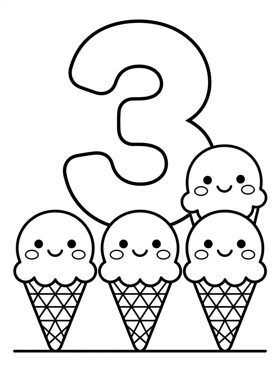 Número 3 con Tres Helados para colorir Desenho de Número 3 con Tres Helados para colorir e imprimir grátis