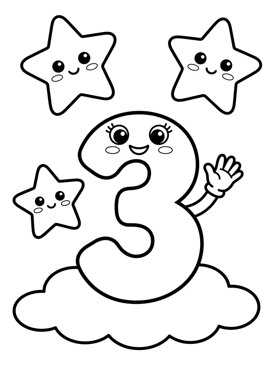 Número 3 Divertido com Três Estrelinhas para colorir Desenho de Número 3 Divertido com Três Estrelinhas para colorir e imprimir grátis