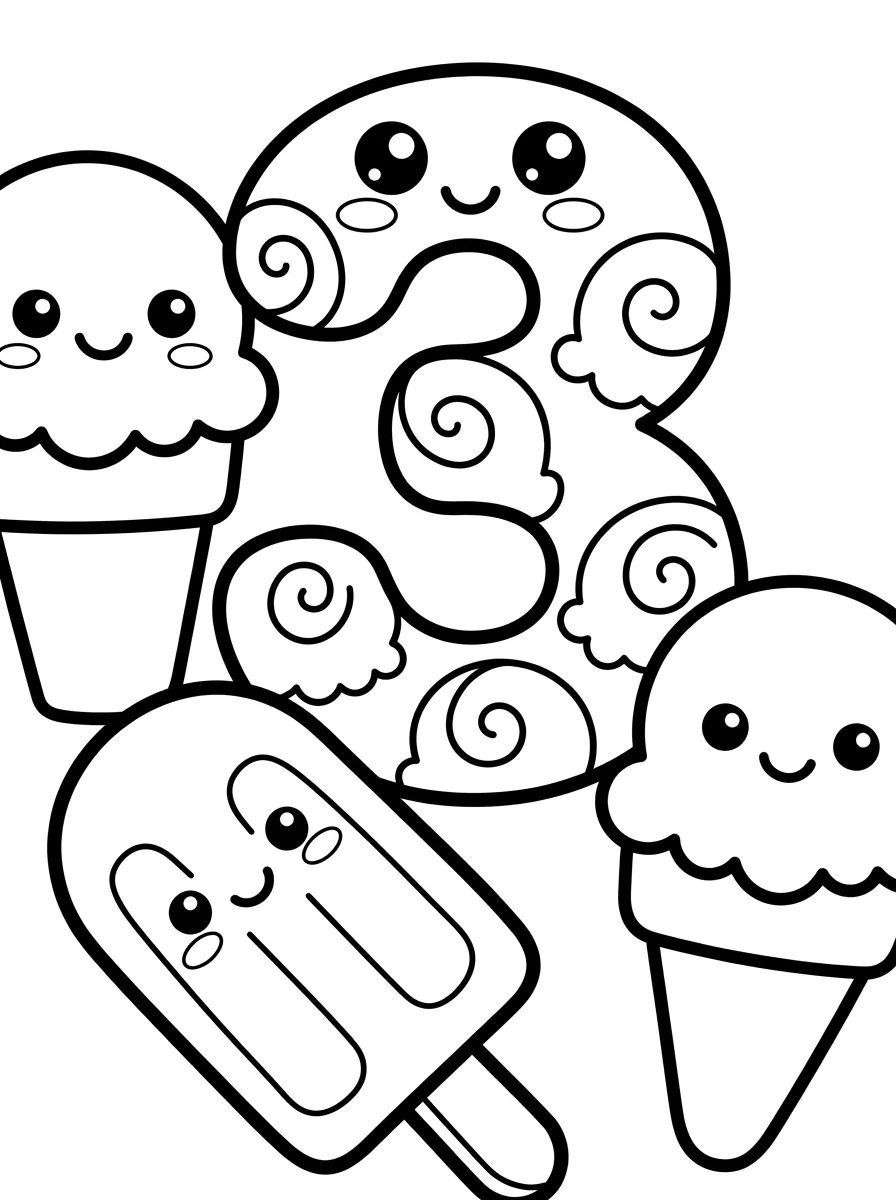 Número 3 Doce com Sorvetes para colorir Desenho de Número 3 Doce com Sorvetes para colorir e imprimir grátis