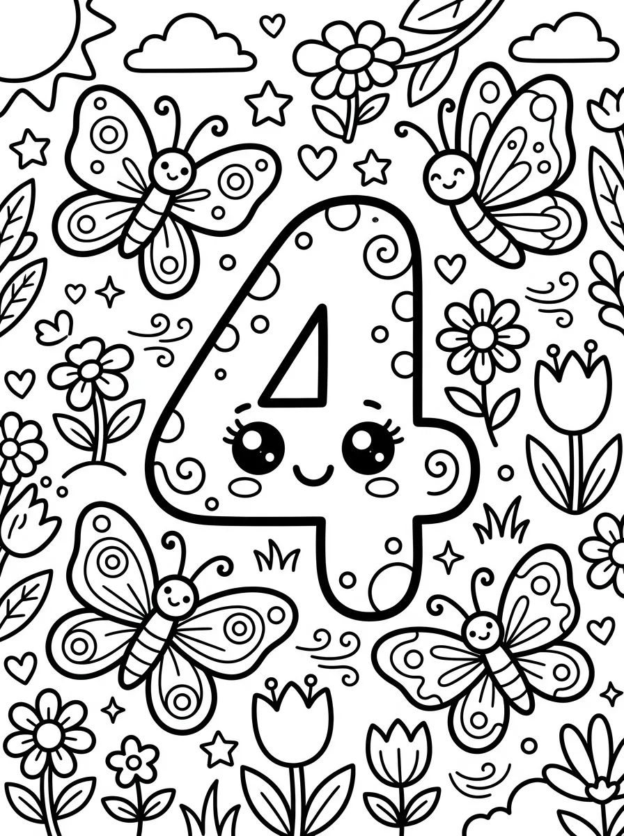 Number 4 with Butterflies para colorir Desenho de Number 4 with Butterflies para colorir e imprimir grátis