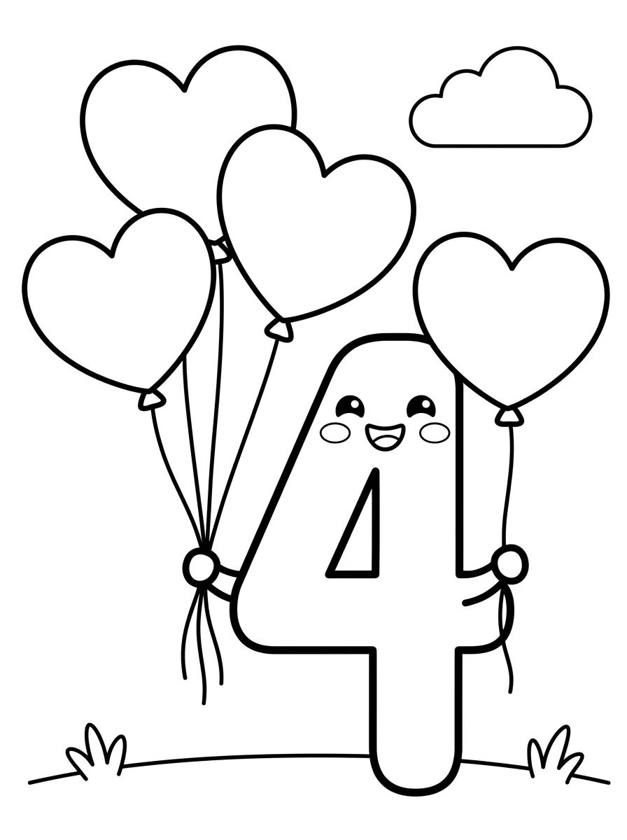 Número 4 com Quatro Balões para colorir Desenho de Número 4 com Quatro Balões para colorir e imprimir grátis