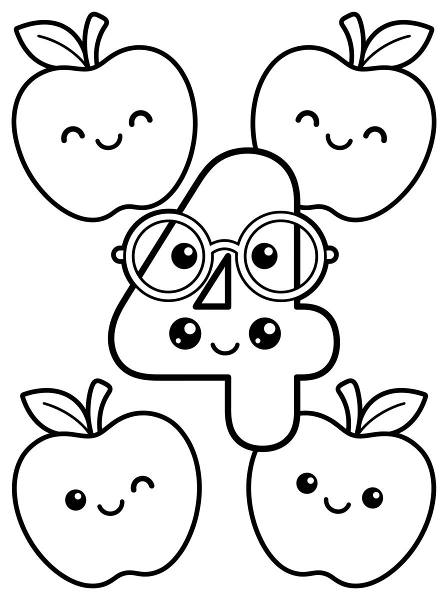 Smarty Number 4 with Apples para colorir Desenho de Smarty Number 4 with Apples para colorir e imprimir grátis