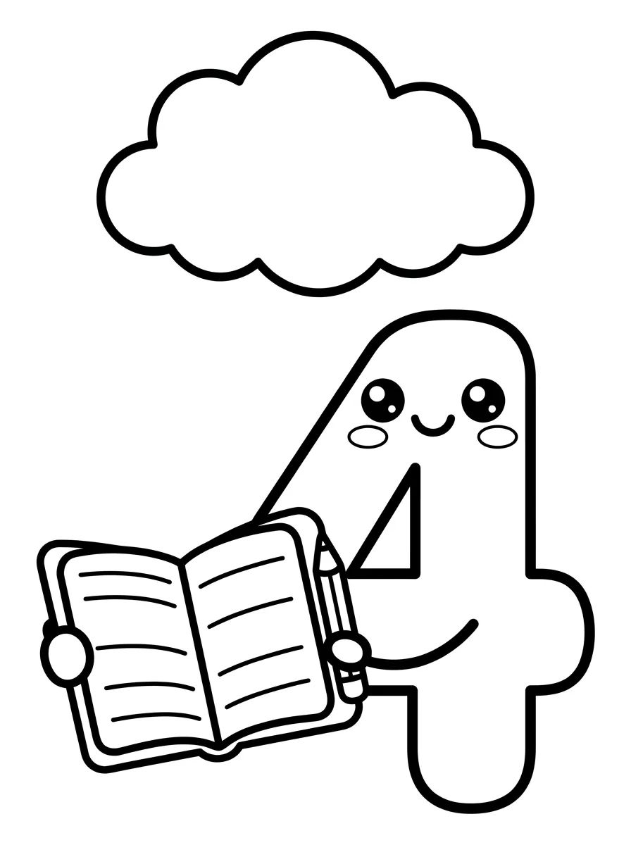 Smiling Number 4 with Notebook para colorir Desenho de Smiling Number 4 with Notebook para colorir e imprimir grátis