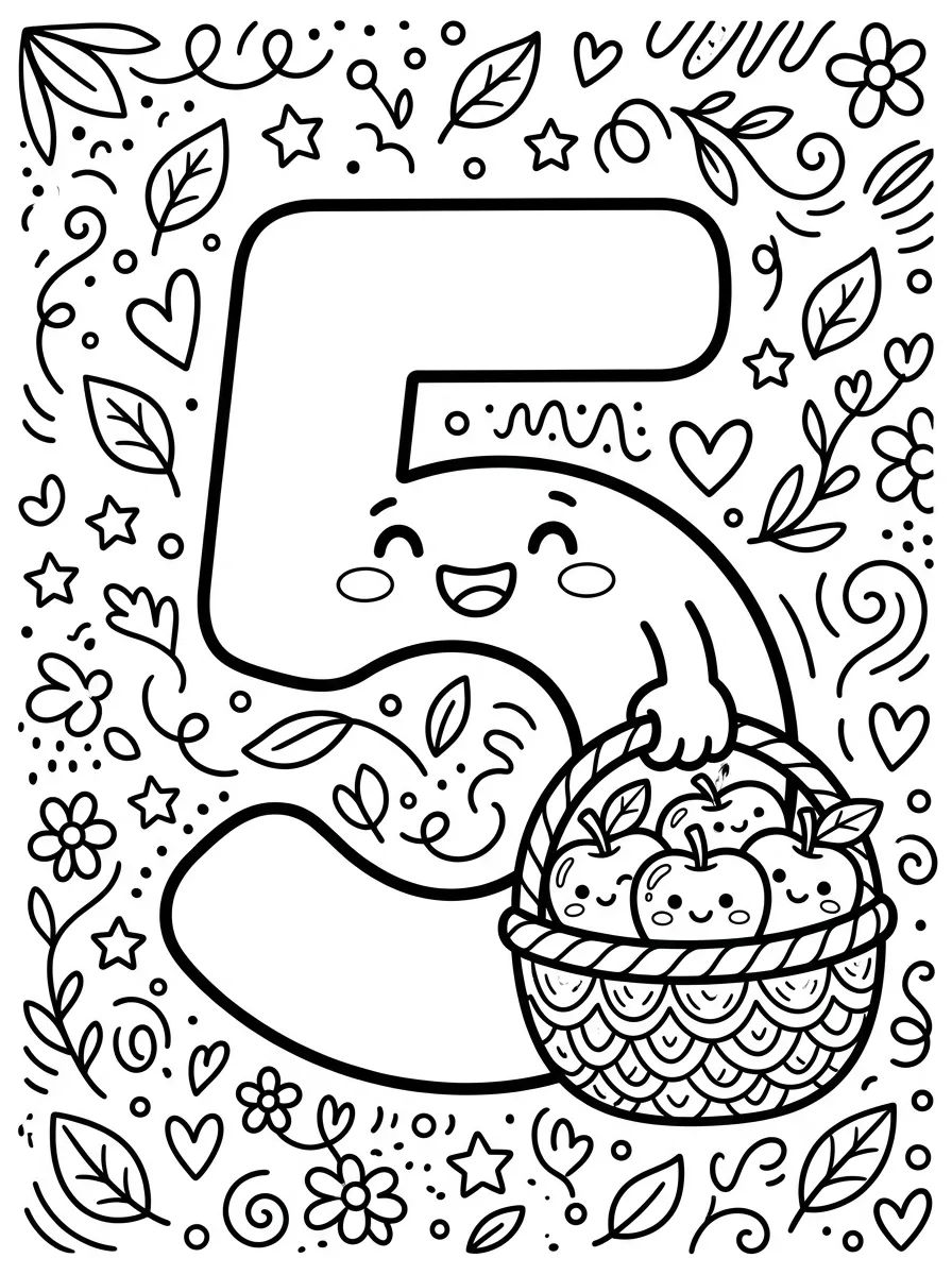 Número 5 com Maçãs Deliciosas para colorir Desenho de Número 5 com Maçãs Deliciosas para colorir e imprimir grátis