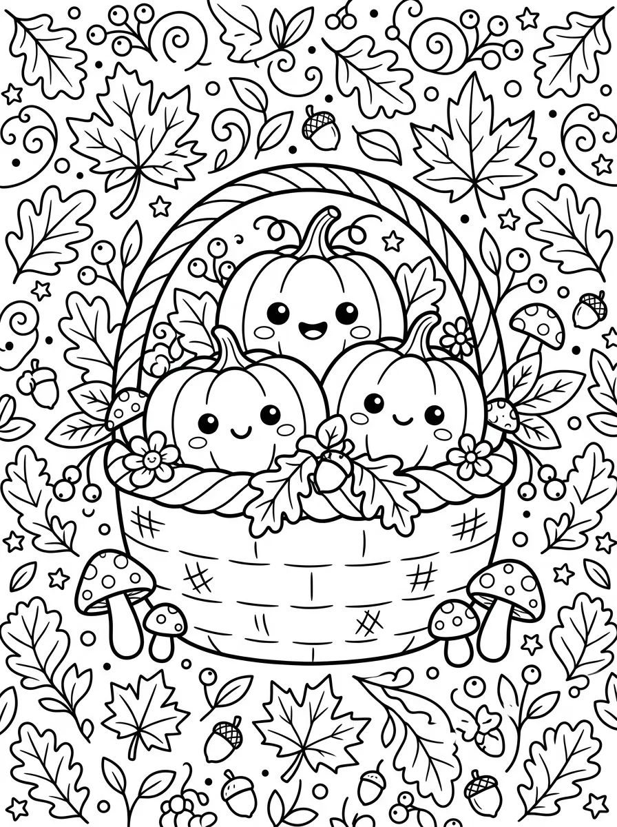 Cesta de Outono e Abóboras Fofas para colorir Desenho de Cesta de Outono e Abóboras Fofas para colorir e imprimir grátis