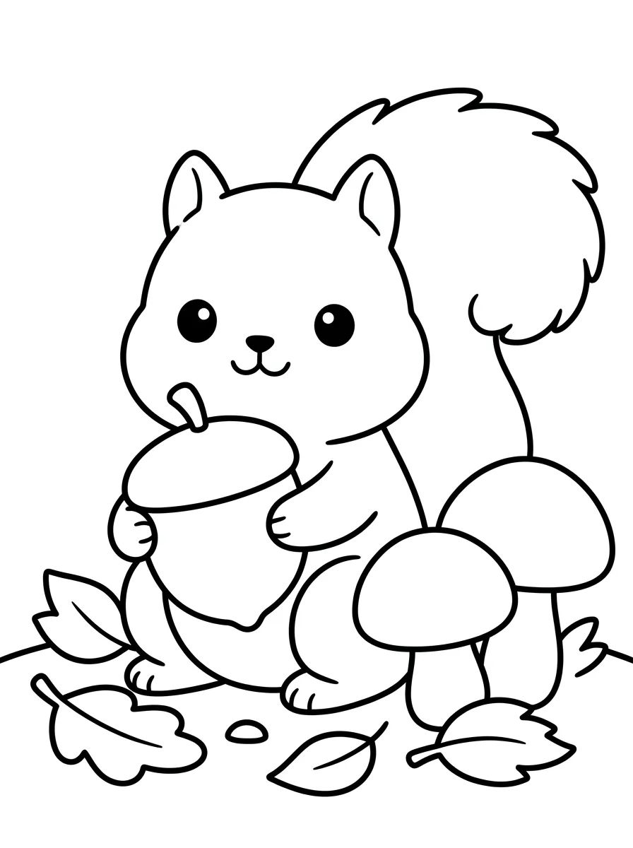 Kawaii Squirrel with Nut and Dry Leaves para colorir Desenho de Kawaii Squirrel with Nut and Dry Leaves para colorir e imprimir grátis