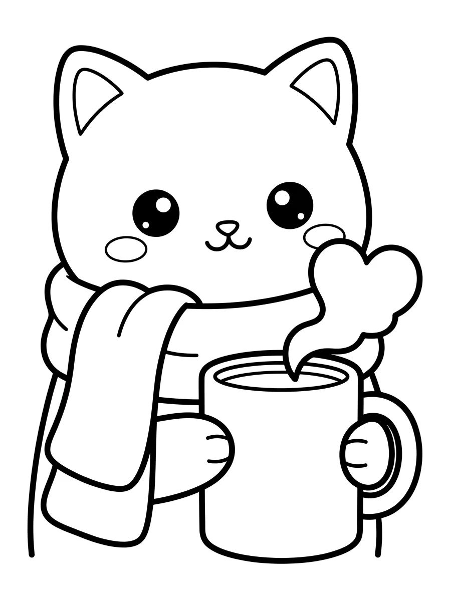 Kitten with Scarf and Hot Chocolate para colorir Desenho de Kitten with Scarf and Hot Chocolate para colorir e imprimir grátis