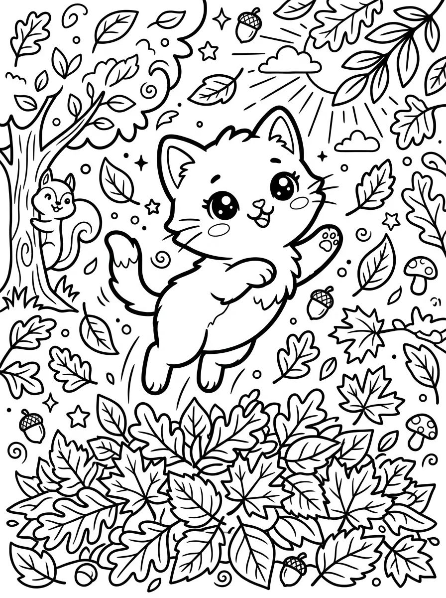 Kitten in Fall Leaves para colorir Desenho de Kitten in Fall Leaves para colorir e imprimir grátis