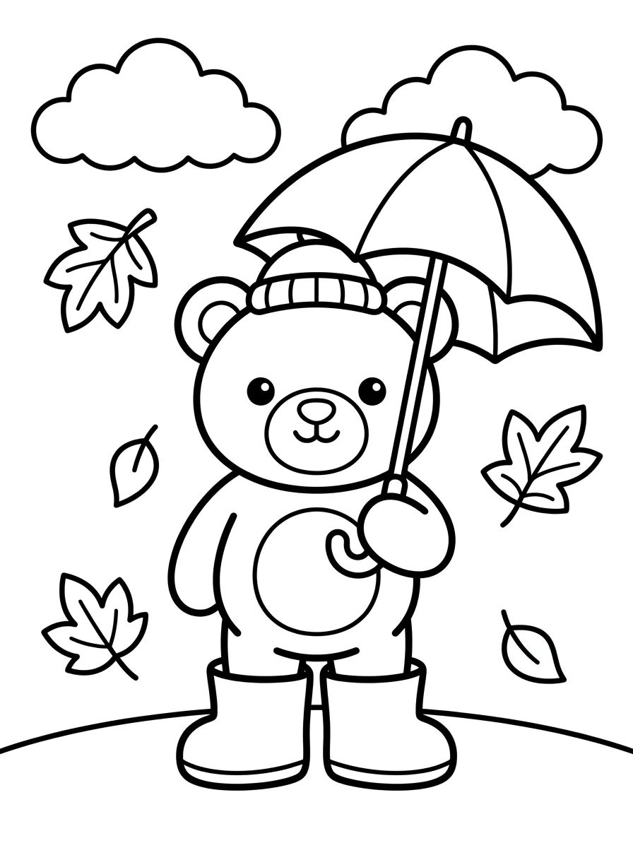 Ursinho com Guarda-Chuva no Outono para colorir Desenho de Ursinho com Guarda-Chuva no Outono para colorir e imprimir grátis