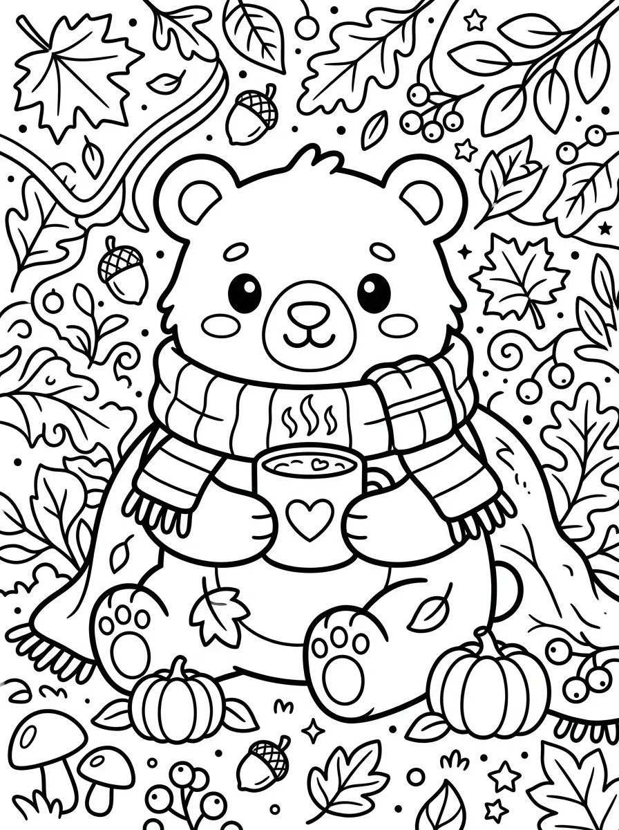 Ursinho no Aconchego do Outono para colorir Desenho de Ursinho no Aconchego do Outono para colorir e imprimir grátis