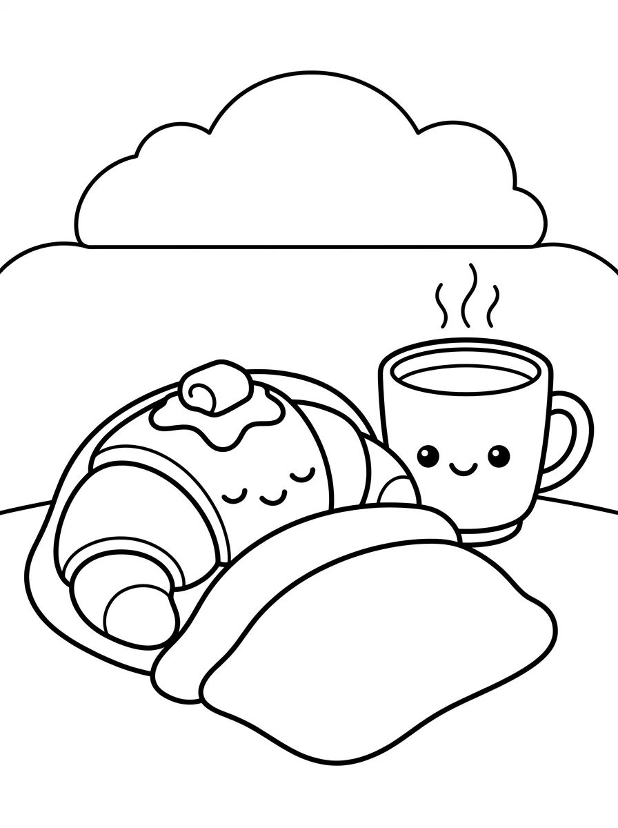 Croissant Fofinho com Xícara de Leite para colorir Desenho de Croissant Fofinho com Xícara de Leite para colorir e imprimir grátis