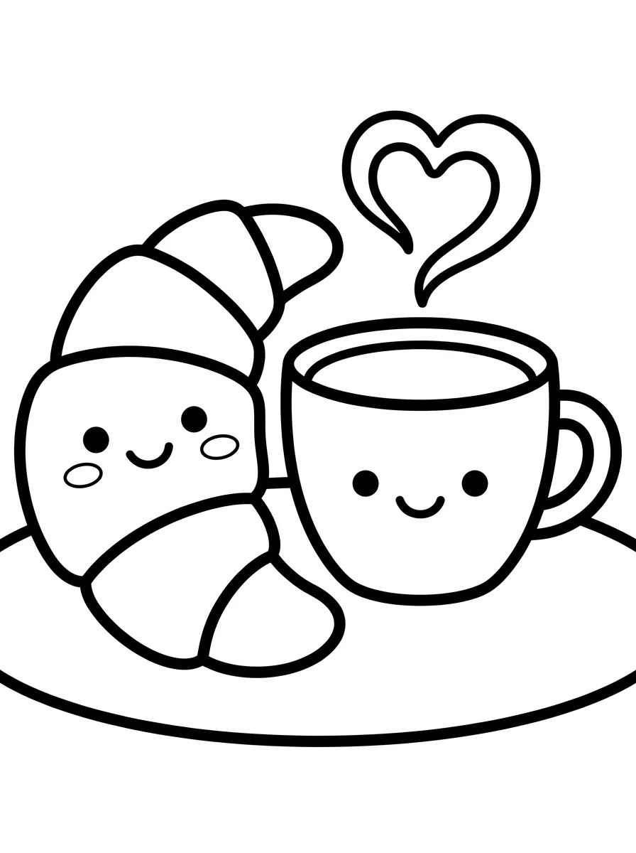 Croissant Kawaii com Xícara de Café para colorir Desenho de Croissant Kawaii com Xícara de Café para colorir e imprimir grátis
