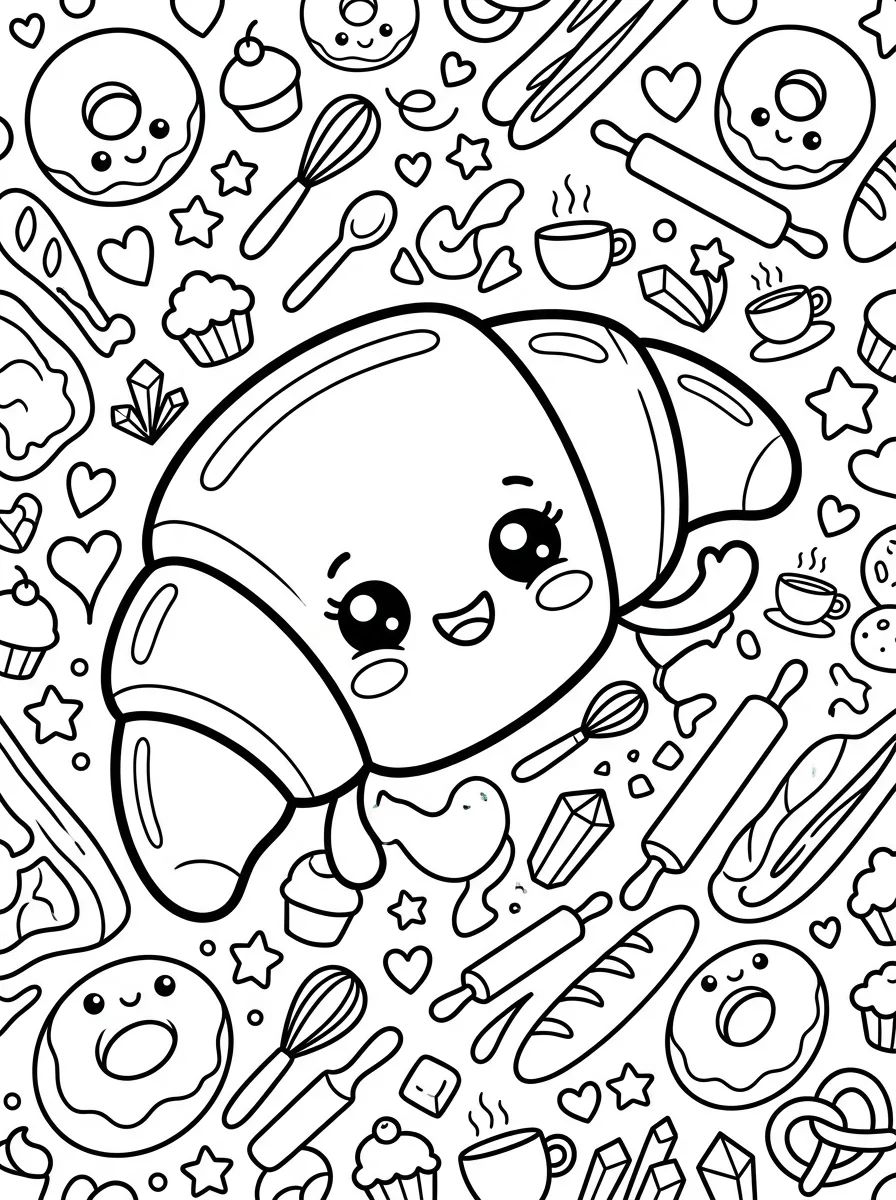 Croissant Kawaii para colorir Desenho de Croissant Kawaii para colorir e imprimir grátis