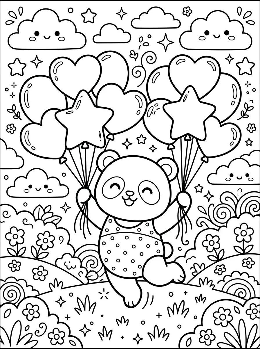 Panda Playing with Balloons para colorir Desenho de Panda Playing with Balloons para colorir e imprimir grátis