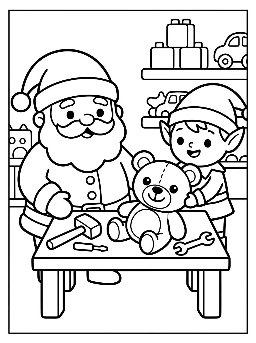 Papai Noel e Duende na Oficina de Brinquedos para colorir Desenho de Papai Noel e Duende na Oficina de Brinquedos para colorir e imprimir grátis