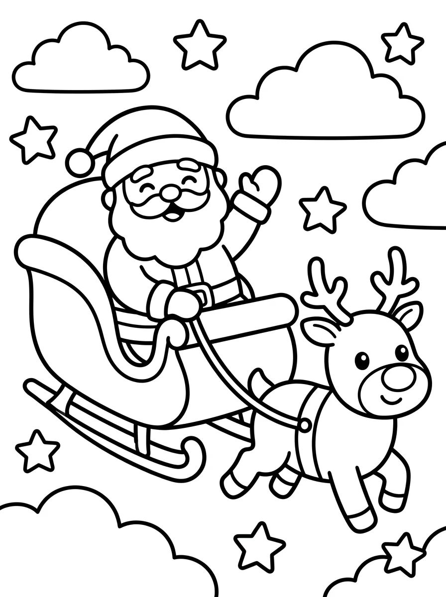 Papai Noel no Trenó com Rena Kawaii para colorir Desenho de Papai Noel no Trenó com Rena Kawaii para colorir e imprimir grátis