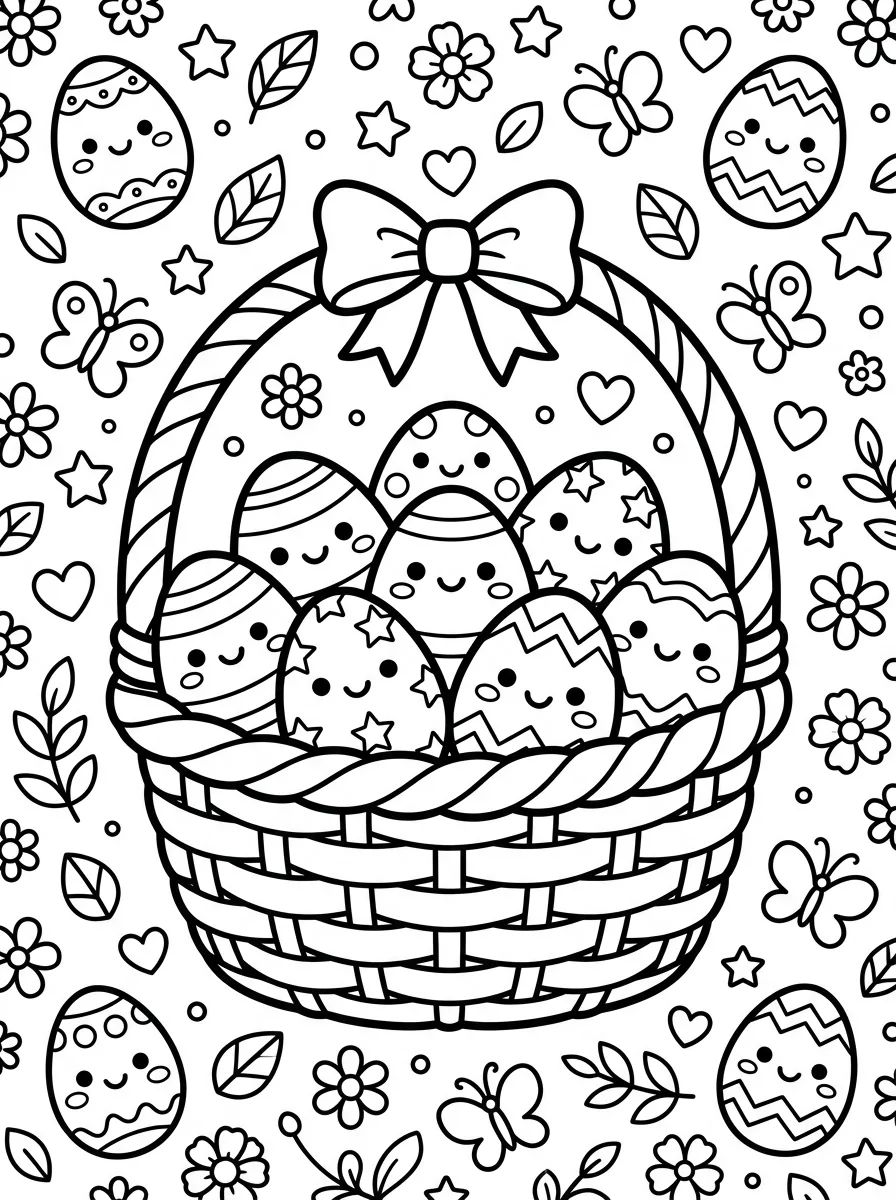 Cesta de Ovos de Páscoa Kawaii para colorir Desenho de Cesta de Ovos de Páscoa Kawaii para colorir e imprimir grátis