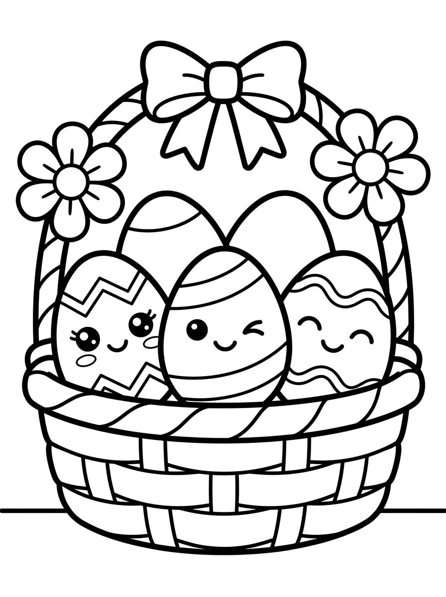 Cesta de Ovos de Páscoa Kawaii para colorir Desenho de Cesta de Ovos de Páscoa Kawaii para colorir e imprimir grátis