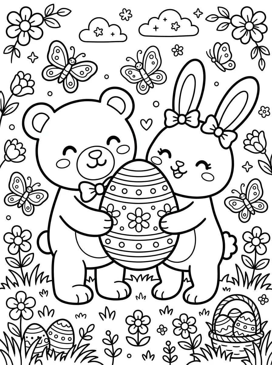 Ursinho e Coelho Amigos na Páscoa para colorir Desenho de Ursinho e Coelho Amigos na Páscoa para colorir e imprimir grátis