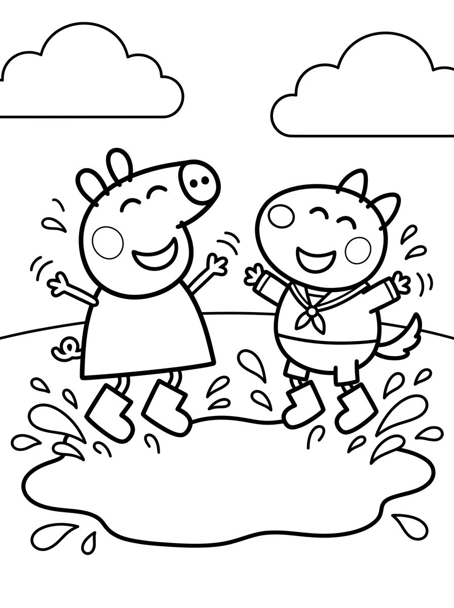 Peppa e Danny Cão Pulando na Poça de Lama para colorir Desenho de Peppa e Danny Cão Pulando na Poça de Lama para colorir e imprimir grátis