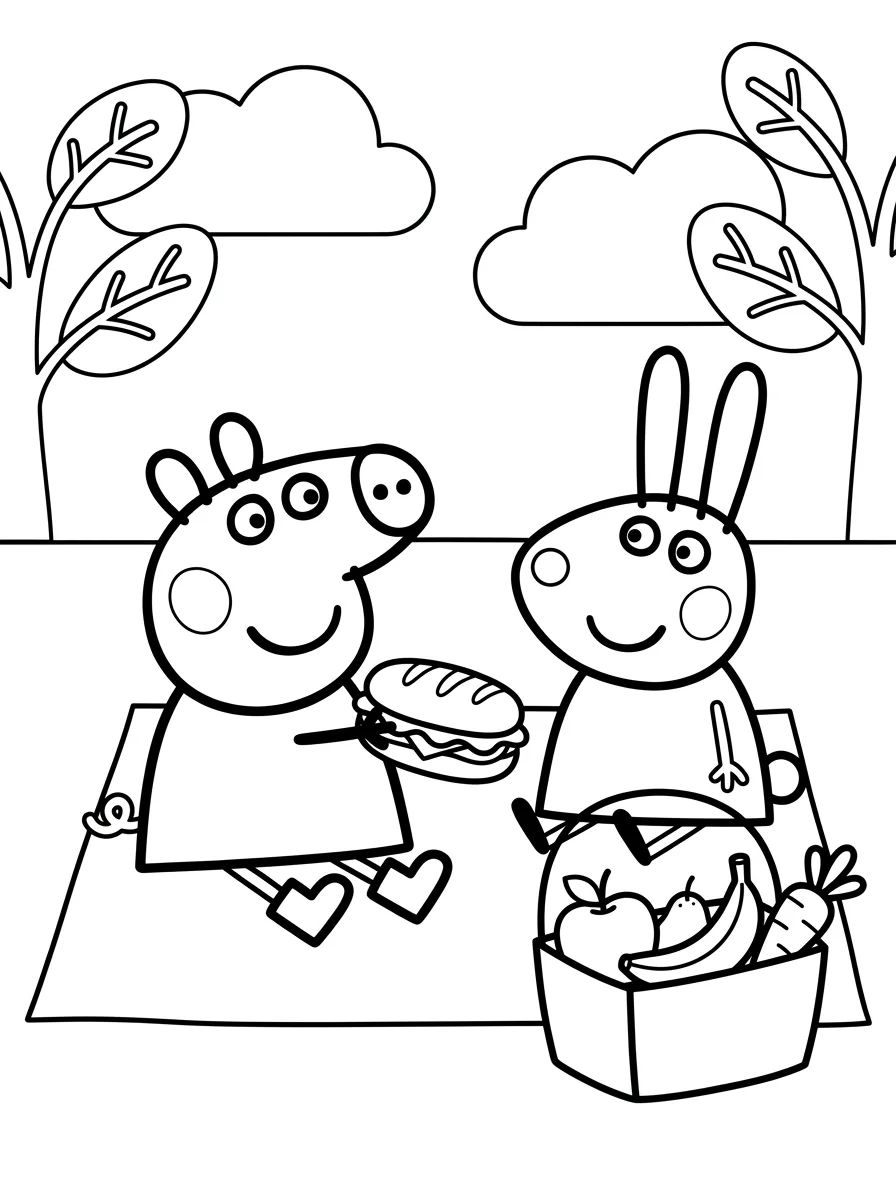 Peppa Pig and Rebecca Rabbit Picnic para colorir Desenho de Peppa Pig and Rebecca Rabbit Picnic para colorir e imprimir grátis
