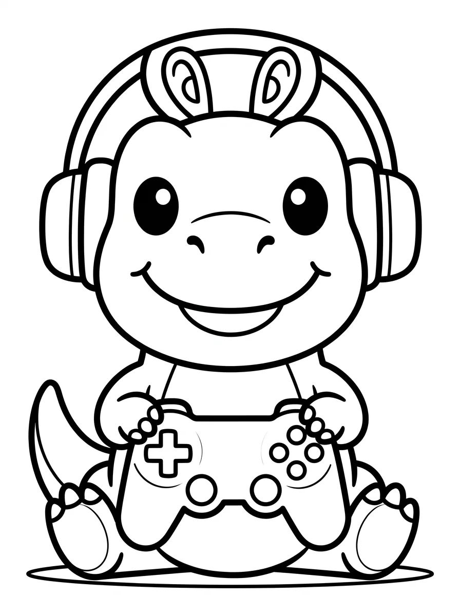 Dinosaurozinho Gamer com Fone para colorir Desenho de Dinosaurozinho Gamer com Fone para colorir e imprimir grátis