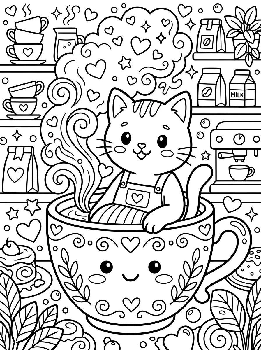 Gatinho Barista com Xícara de Chá para colorir Desenho de Gatinho Barista com Xícara de Chá para colorir e imprimir grátis