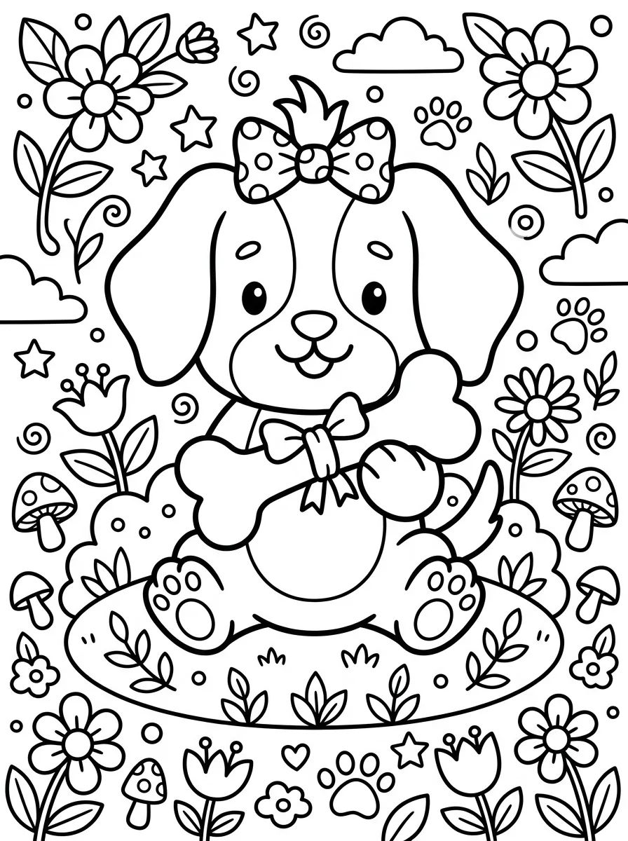 Cãozinho Fofo segurando um Ossinho para colorir Desenho de Cãozinho Fofo segurando um Ossinho para colorir e imprimir grátis