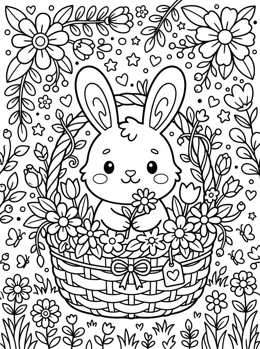 Coelhinho na Cesta de Flores para colorir Desenho de Coelhinho na Cesta de Flores para colorir e imprimir grátis