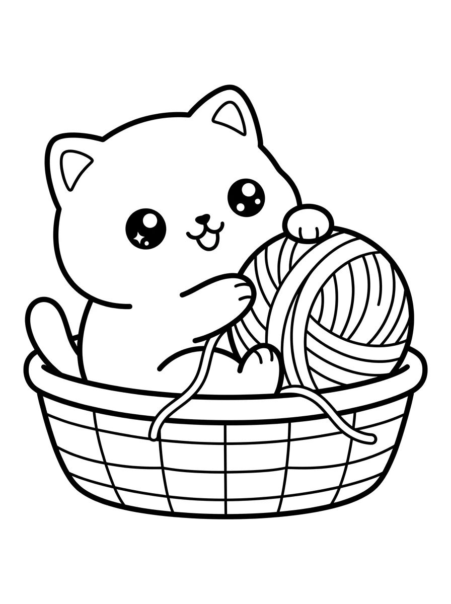 Gatinho Kawaii no Novelo de Lã para colorir Desenho de Gatinho Kawaii no Novelo de Lã para colorir e imprimir grátis