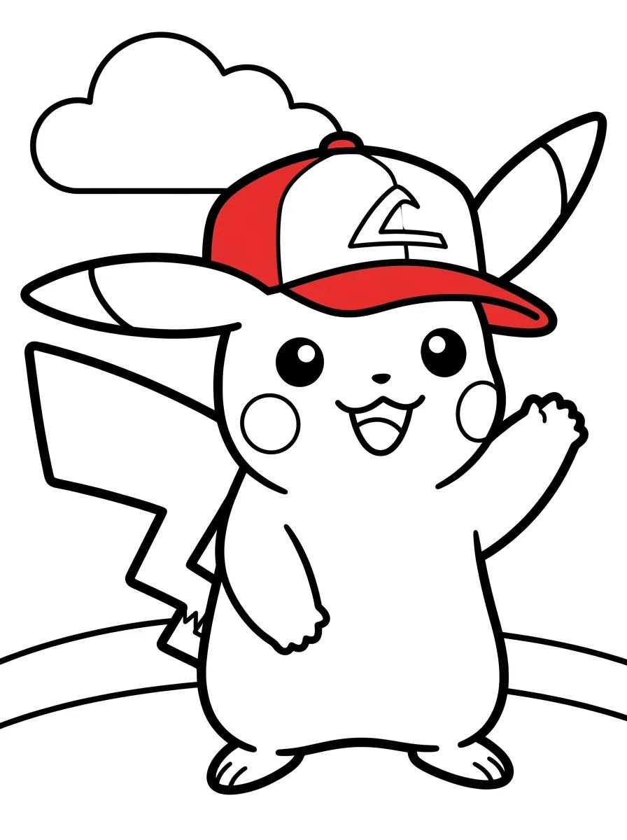 Pikachu com Boné do Ash para colorir Desenho de Pikachu com Boné do Ash para colorir e imprimir grátis