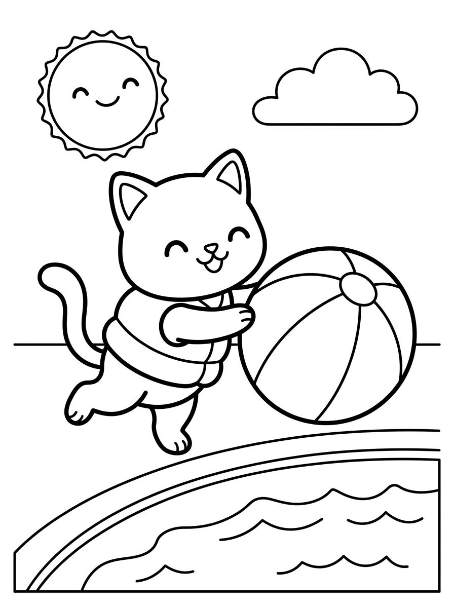 Gatinho Brincando com Bola na Piscina para colorir Desenho de Gatinho Brincando com Bola na Piscina para colorir e imprimir grátis