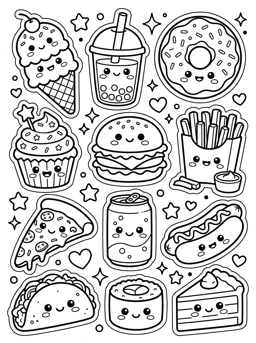 Cartela de Adesivos de Comidinhas Kawaii para colorir Desenho de Cartela de Adesivos de Comidinhas Kawaii para colorir e imprimir grátis