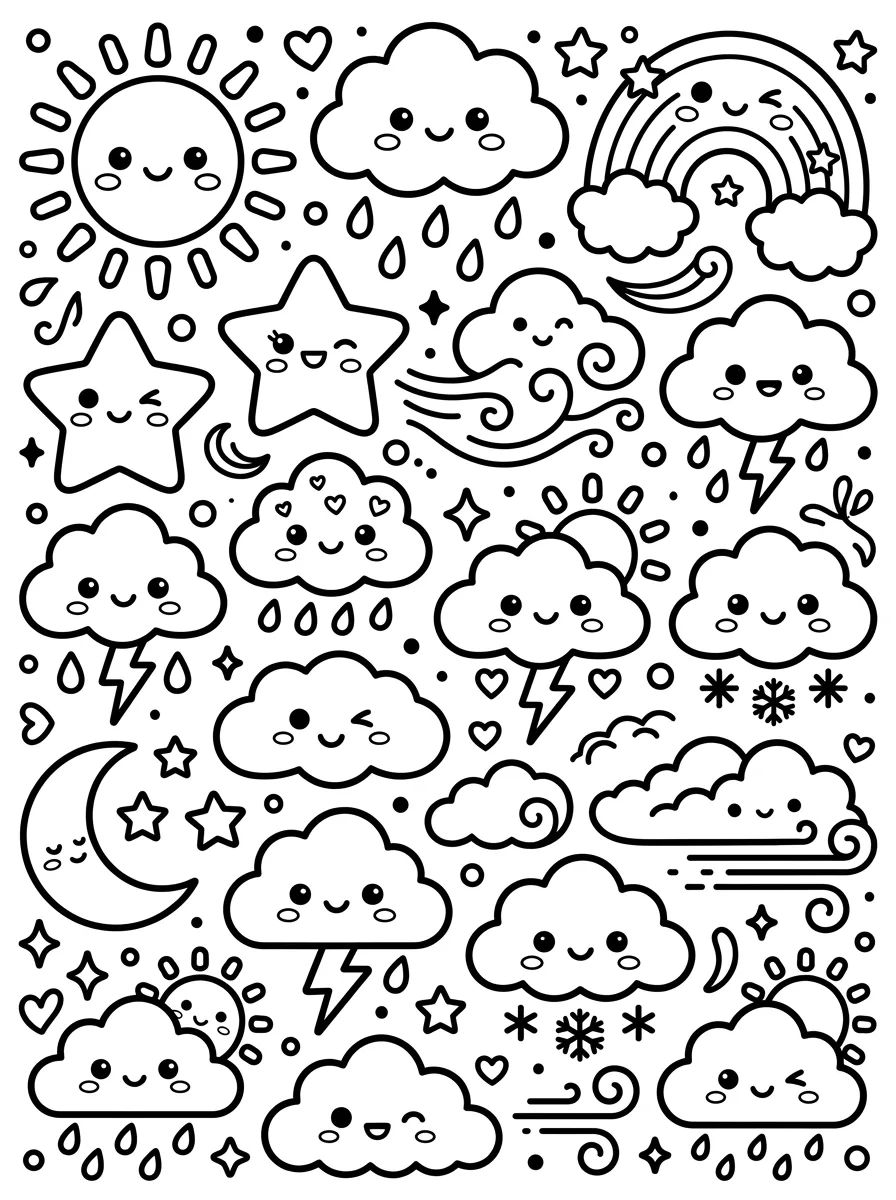 Adesivos de Clima e Previsão do Tempo Kawaii para colorir Desenho de Adesivos de Clima e Previsão do Tempo Kawaii para colorir e imprimir grátis