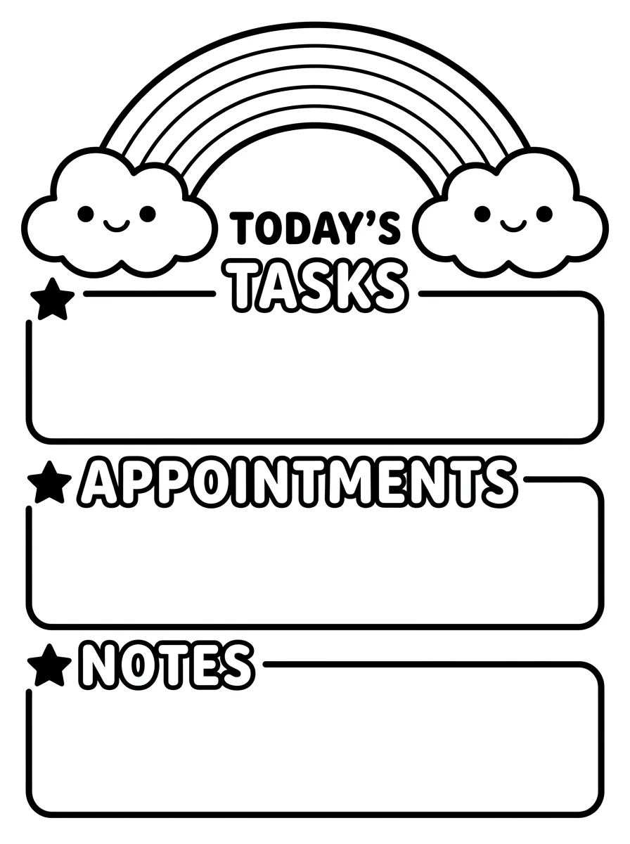 Planner Diário com Nuvens e Arco-íris para colorir Desenho de Planner Diário com Nuvens e Arco-íris para colorir e imprimir grátis