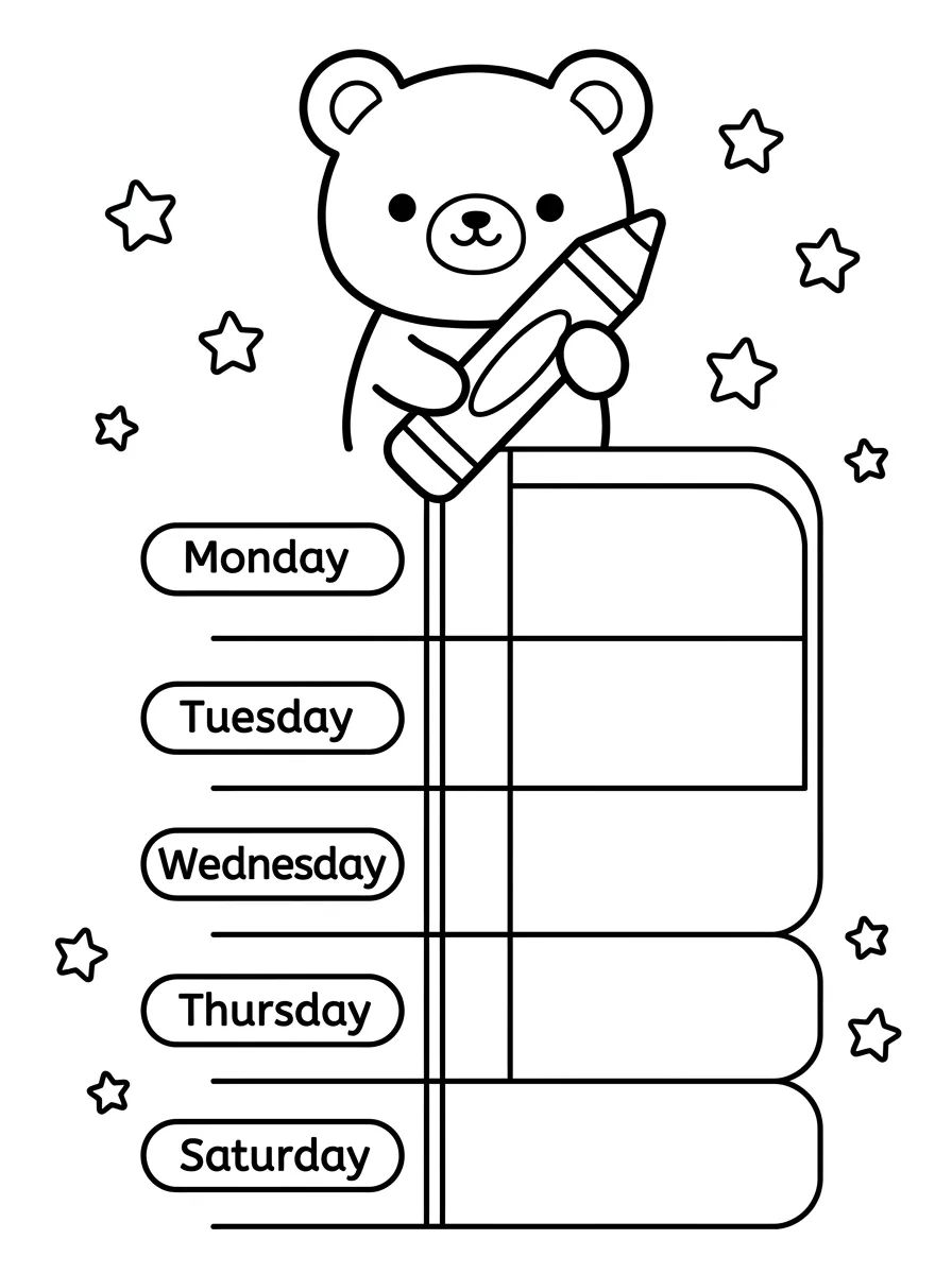 Planner Semanal com Ursinho Fofo para colorir Desenho de Planner Semanal com Ursinho Fofo para colorir e imprimir grátis