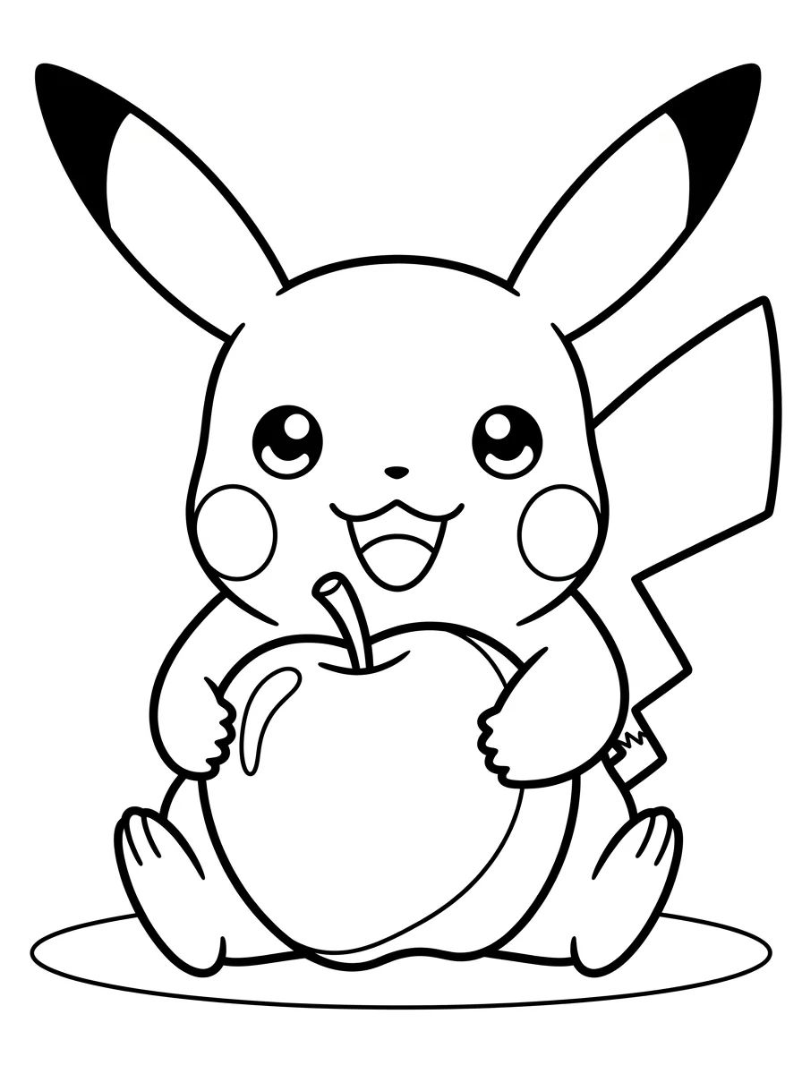 Pikachu Fofo com Maçã para colorir Desenho de Pikachu Fofo com Maçã para colorir e imprimir grátis