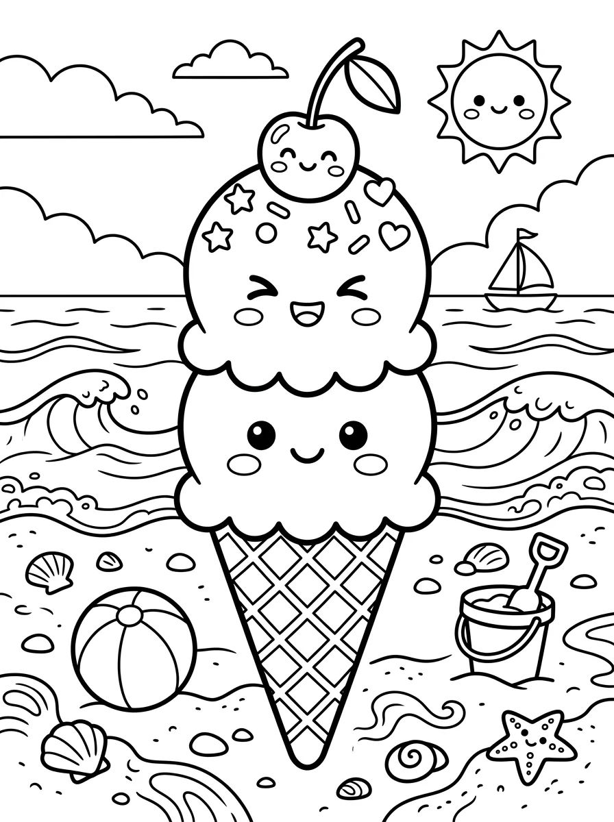 Sorvete de Praia Kawaii para colorir Desenho de Sorvete de Praia Kawaii para colorir e imprimir grátis