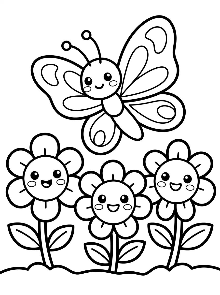 Borboleta e Flores no Jardim para colorir Desenho de Borboleta e Flores no Jardim para colorir e imprimir grátis