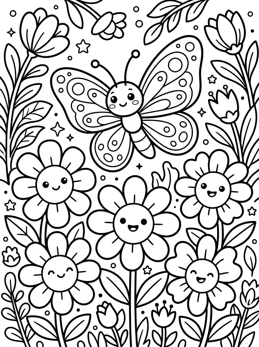 Borboleta Fofa no Jardim de Flores para colorir Desenho de Borboleta Fofa no Jardim de Flores para colorir e imprimir grátis
