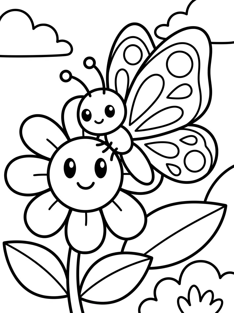Borboleta Kawaii no Jardim de Primavera para colorir Desenho de Borboleta Kawaii no Jardim de Primavera para colorir e imprimir grátis