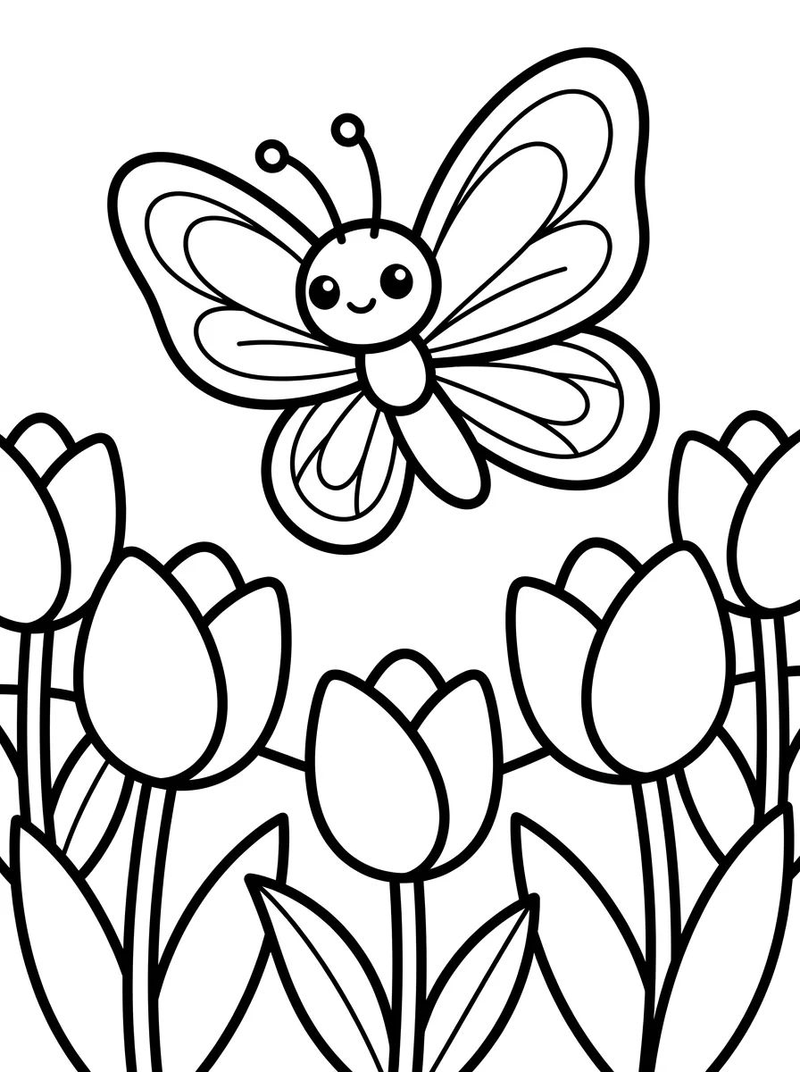 Borboleta Kawaii no Jardim de Tulipas para colorir Desenho de Borboleta Kawaii no Jardim de Tulipas para colorir e imprimir grátis