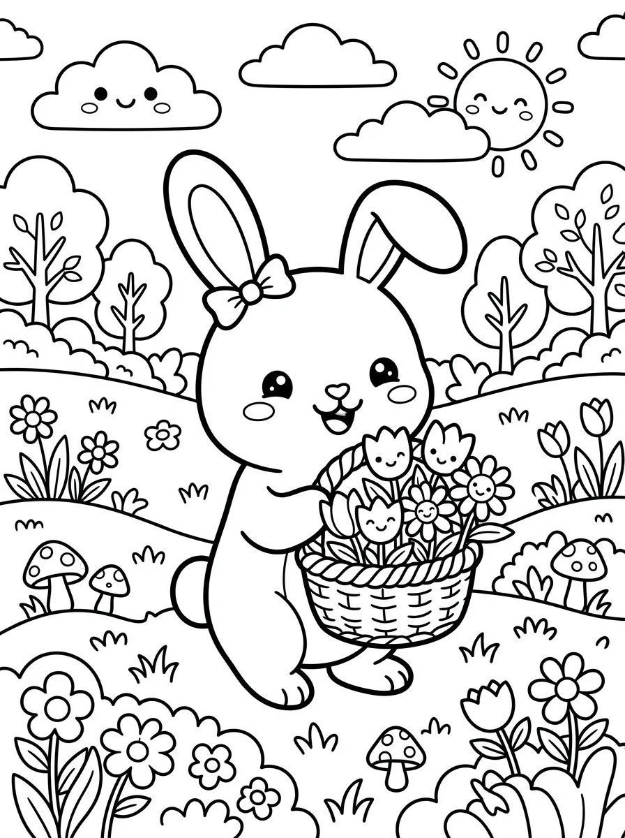 Coelhinho com Cesta de Flores para colorir Desenho de Coelhinho com Cesta de Flores para colorir e imprimir grátis