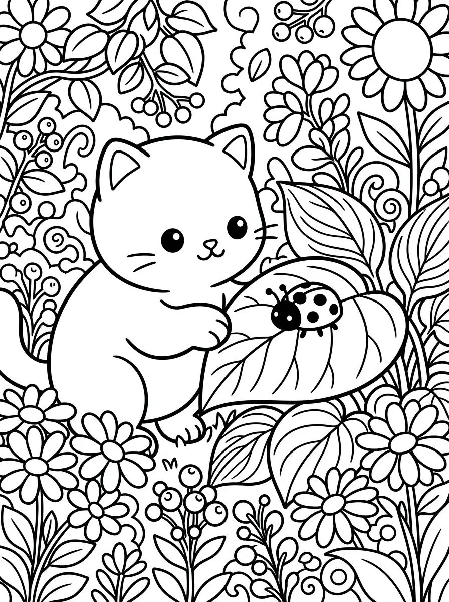 Gatinho Brincando com Joaninha para colorir Desenho de Gatinho Brincando com Joaninha para colorir e imprimir grátis